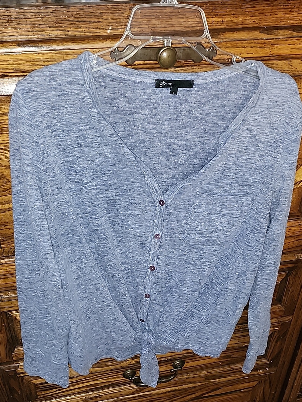 Heathered Light Blue Button-Front Tie Hem Top